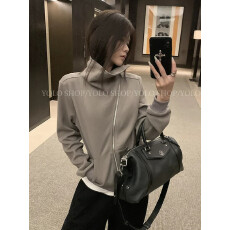 批发美式复古层次叠穿ro风不规则斜门襟正肩翻领<b class='q'>卫衣</b>女早秋高克重外套