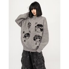 批发美式十八先生提花人像立领双拉链针织<b class='q'>外套</b>男女秋冬通勤开衫毛衣