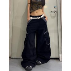 批发MAX ME美式复古做旧豹纹拼接大口袋<b class='q'>牛仔裤</b><b class='q'>男</b>女宽松阔腿弯刀裤
