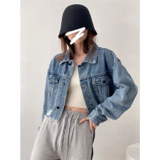 批发VANZOVIVILLY<b class='q'>街头</b>短款牛仔外套女ins潮毛边磨破设计感上衣牛仔服