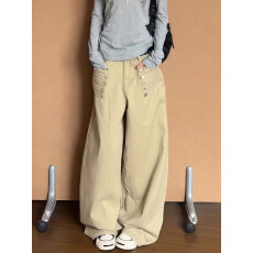 批发美式复古宫廷风拿破仑卡其色<b class='q'>牛仔裤</b>女秋季慵懒松弛宽松休闲长裤子