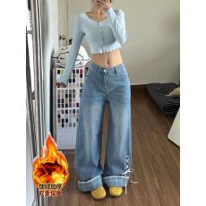 批发加绒加厚蝴蝶结绑带小众翻边<b class='q'>牛仔裤</b>裤子女款新款宽松直筒裤阔腿裤