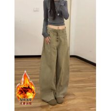 批发加绒加厚卡其色工装<b class='q'>牛仔裤</b>女冬季高腰显瘦宽松美式复古阔腿弯刀裤