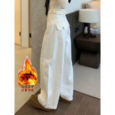 批发加绒加厚白色弯刀<b class='q'>牛仔裤</b>女冬季设计感高腰显瘦百搭宽松休闲阔腿裤