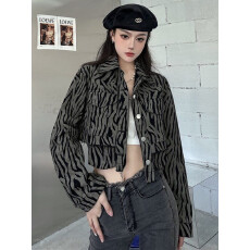 批发牛仔女短款早春小个子辣妹高街斑马纹牛仔衣修身复古百搭美式