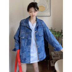 批发嘻哈高街潮流复古做旧水洗格子牛仔女外套<b class='q'>秋</b>季宽松情侣装夹克
