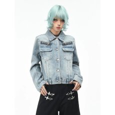 批发港风夹克就位做旧<b class='q'>水洗</b>牛仔外套女春秋季个性别致宽松短款夹克上衣