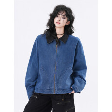 批发美式几何复古撞色翻领<b class='q'>水洗</b>做旧外套女春秋宽松情侣中性夹克上衣