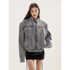 批发美式淘潮<b class='q'>水洗</b>垫肩金属装饰短款牛仔夹克男女设计感拉链宽松外套秋