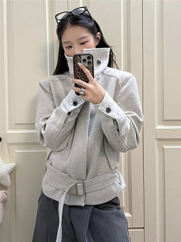BY35184# 美式嘉盛复古毛呢翻领外套有腰带设计感夹克女短款上衣春秋新款 服裝批發女裝批發服飾貨源