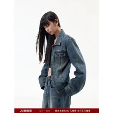 批发DUSKLIT 复古蓝 倒A式做旧宽松牛仔外套<b class='q'>春</b>季长袖垫肩夹克女短外套