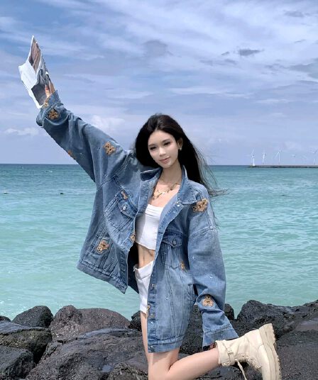 달콤한 새우 파이 휴가 주간 작은 곰 데님 재킷 가을 루즈핏 한국 스타일 레트로 캐주얼 패션 맨위 여성