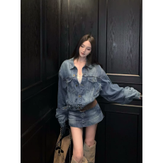 批发美式复古长袖开衫外套女春季港风牛仔套装设计感<b class='q'>包臀</b><b class='q'>半身</b>裙两件套