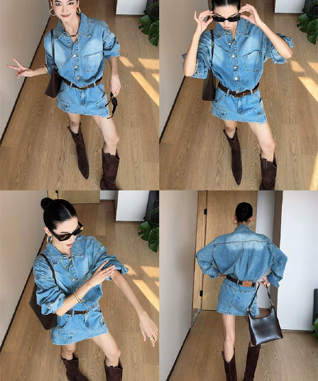 cizzlemore 레트로 워싱 루즈핏 셔츠 드레스 타이트 스커트 디자인 센스 패션 다용도 데님 여성 드레스