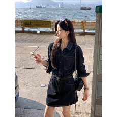 批发夏诗文 全棉假两件设计短款翻领收腰原牛色牛仔长袖<b class='q'>连衣裙</b>女秋季