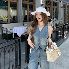 批发地球店港风复古高级感天丝牛仔马甲上衣女夏时髦洋气修身v领背心