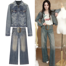 批发<b class='q'>杨幂</b><b class='q'>同款</b>蓝色做旧复古老钱风短款夹克上衣翻领牛仔外套牛仔裤<b class='q'>套装</b>