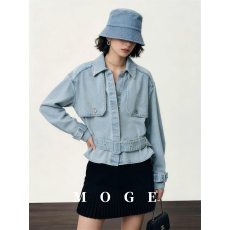 批发MOGE摩登复古水洗蓝收腰短款牛仔外套女2026早<b class='q'>春</b>新款宽松长袖上衣