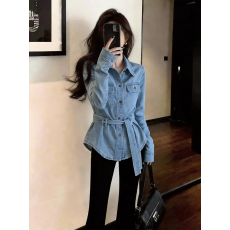 批发2026春季时尚百搭新款<b class='q'>通勤</b>风牛仔衬衫女长袖收腰系带气质轻奢上衣