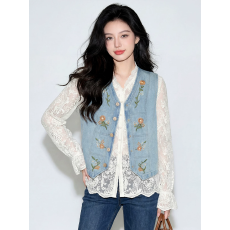 批发韩版刺绣印花<b class='q'>牛仔</b>马甲2026春季新款高级感时尚叠穿蕾丝<b class='q'>衬衫</b>套装女