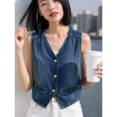 批发Basic House/百家好牛仔马甲背心女春季新款收腰短款V领无袖上衣