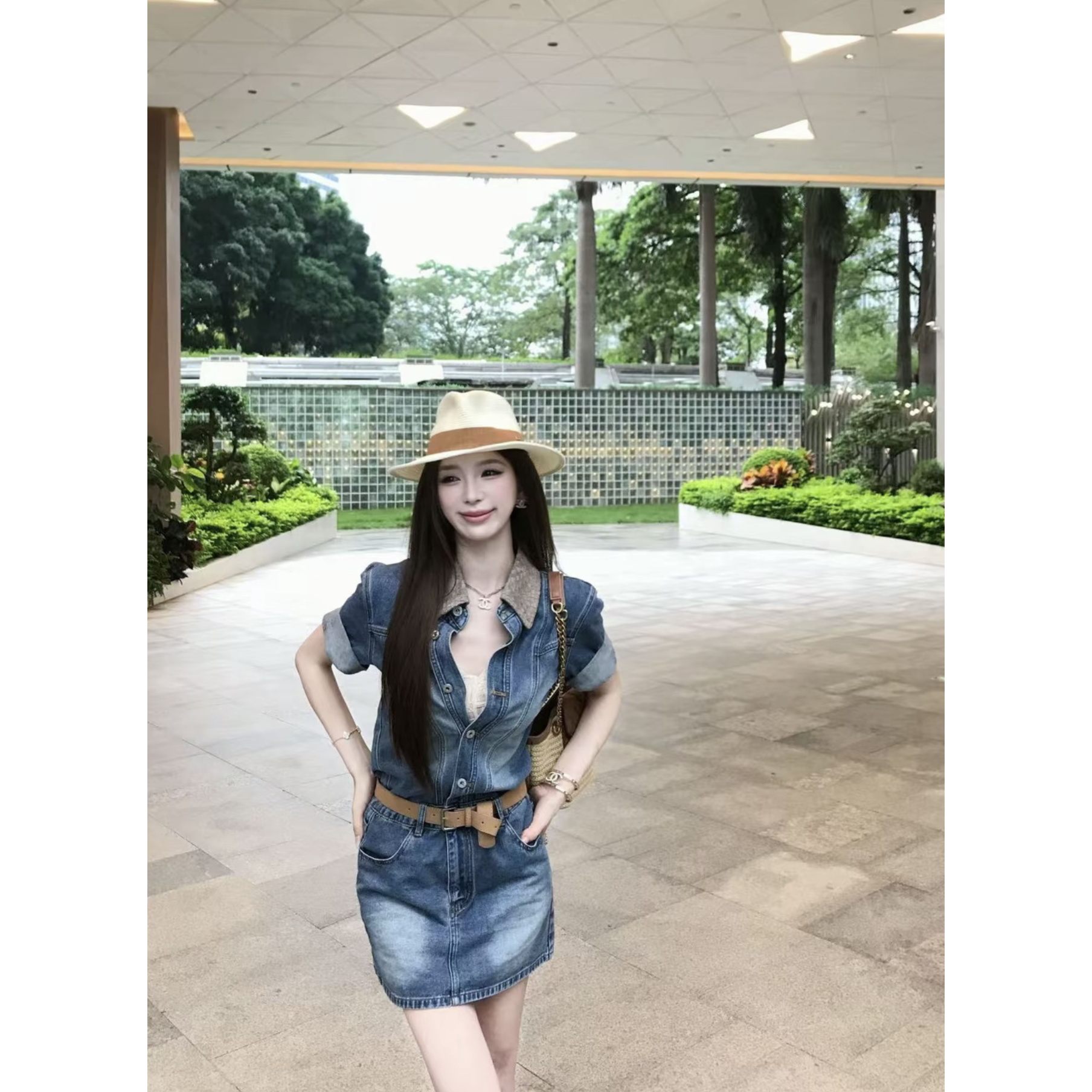 레트로 항구 바람 폴로 칼라 패치워크 데님 스커트 아이들 봄 여름 짜임 칼라 드레스 슬림해 보이는 디자인 센스 패션