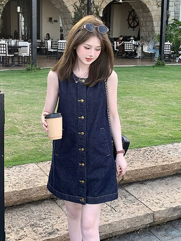 한국 스타일 레트로 품격 데님 단추 오픈 가디건 여성 드레스 여름 새로운 루즈핏 슬림해 보이는 민소매 조끼 치마
