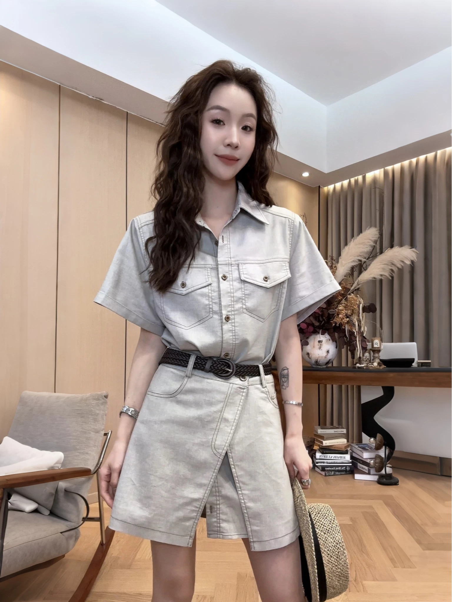 작은 조용한 잠시 데님 셔츠 방귀 커튼 투피스 세트 26 여름 새로운 다용도 세트 2604d2609