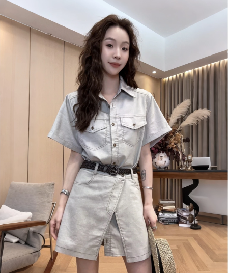 작은 조용한 잠시 데님 셔츠 랩스커트팬츠 투피스 세트 26 여름 새로운 다용도 세트 2604d2609