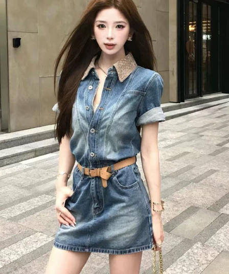 레트로 항구 바람 편집 폴로 칼라 데님 여성 드레스 2026 여름 새로운 패션 품격 슬림해 보이는 셔츠 미니 스커트