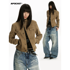 批发Apocket美式<b class='q'>街头</b>斜门襟设计感立领牛仔外套女修身短款工装夹克潮
