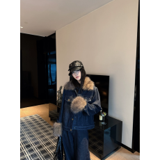 批发<b class='q'>夏</b>蓝汐雨SMBL RAIN 蓝色复古毛领加绒保暖棉服女冬水洗牛仔外套新