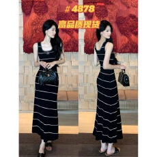 批发小香风山茶花刺绣针织<b class='q'>条纹</b>U领连衣裙女2026夏季气质显瘦包臀<b class='q'>长裙</b>