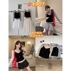 批发圆领长袖波点打底衫<b class='q'>丝绒</b>吊带叠穿两件套女2026早春新韩系减龄<b class='q'>套装</b>