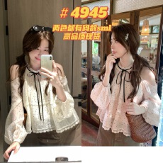 批发PtonUmi早纪春奈 露肩<b class='q'>波点</b><b class='q'>衬衫</b>女巨好看显瘦上衣夏气质温柔娃娃衫