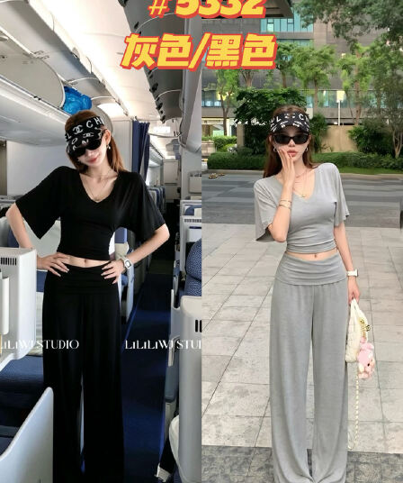 리 부드럽게 6 월 공항 세트 여름 느긋한 바람 V넥 허리 수축 배트윙 소매 티셔츠 여성 셔츠 느긋한 바람 세트
