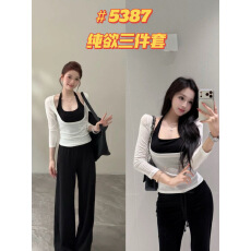批发韩系休闲风纯欲挂脖内搭+长袖薄款T恤上衣+高腰阔腿裤三件<b class='q'>套装</b>女