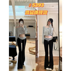 批发短款长袖T恤<b class='q'>女</b>秋季上衣+拼色喇叭长裤两件套