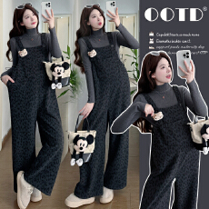 批发实拍 孕妇冬新款豹纹可拆萌小猫加绒背带裤洋气可爱+针织上衣套装