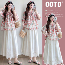 批发实拍有货孕妇复古蕾丝拼接泡泡袖碎花娃娃短袖夏季刺绣<b class='q'>半身</b>裙套装