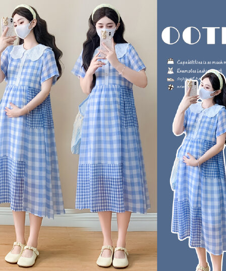 실사 임산부 디자인 센스 베이비 칼라 루즈핏 쉬폰 스커트 여름 새로운 달콤함 연령 감소 부드러운 체크무늬 드레스