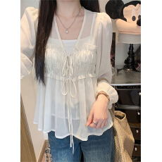 批发实拍 温柔系带褶皱V领<b class='q'>长袖</b><b class='q'>雪纺</b><b class='q'>衫</b>+吊带 套装女