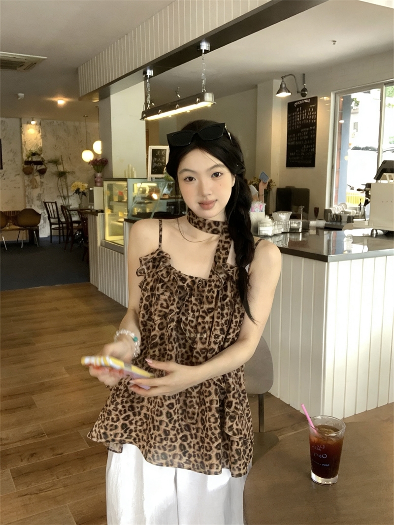 실사 레오파드 무늬 캐미솔 여름 디자인 센스 작은 대중 루즈핏 외출용 Chic 핫걸 슬림해 보이는 맨위