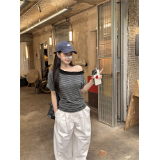 实价  基础款条纹露肩短袖t恤女