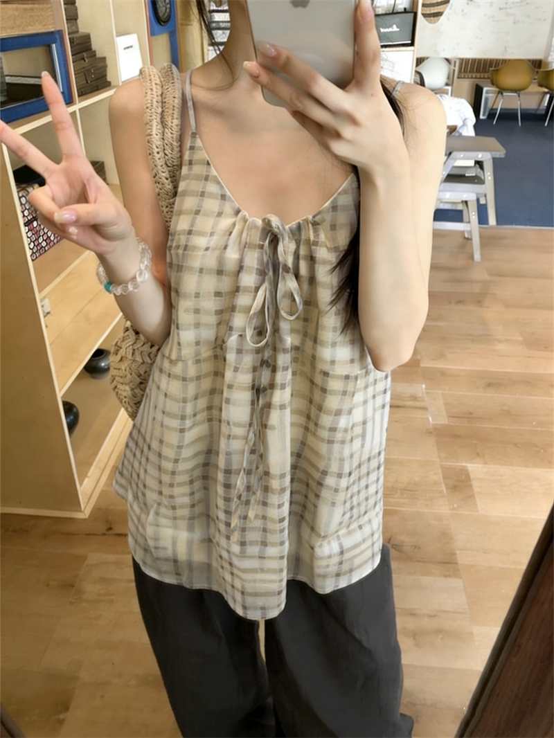 실사 한 부서 달콤함 신선함 체크무늬 캐미솔 여성 외출용