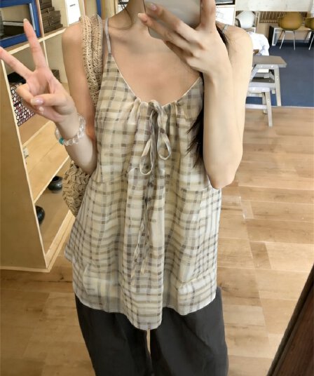 실사 한 부서 달콤함 신선함 체크무늬 캐미솔 여성 외출용