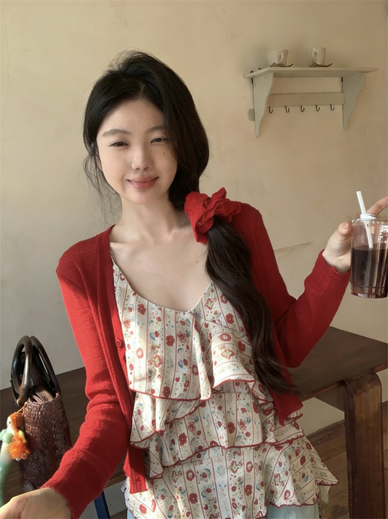 실사 정가 달콤함 휴가 바람 빨간색 오픈 가디건 불규칙 슬립 케이크 층 조끼 여성복 여성