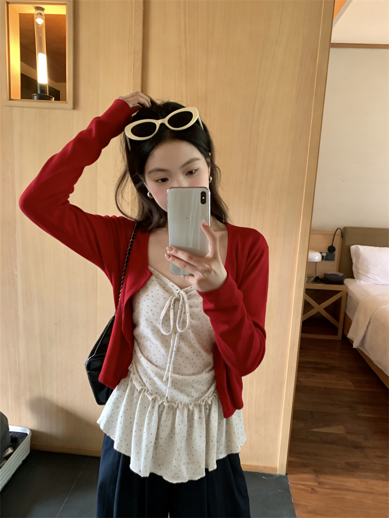 실사 봄 여름 새로운 달콤함 꽃무늬 캐미솔 니트 오픈 가디건 투피스 세트 여성
