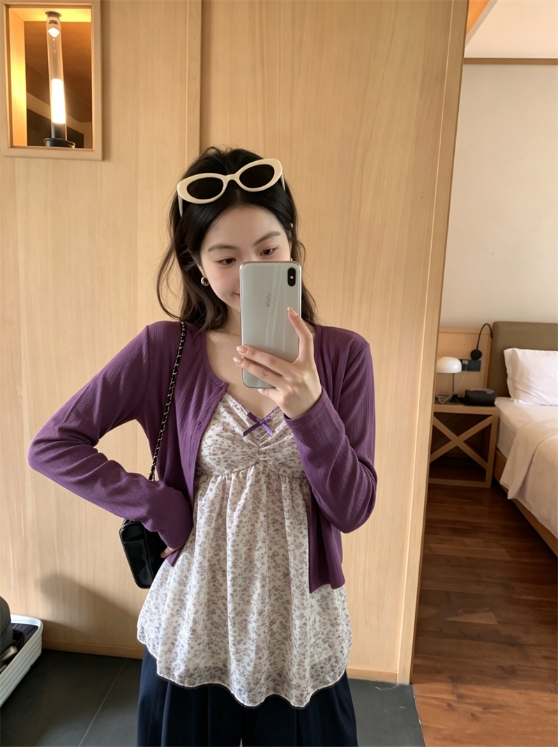 실사 슈퍼 아름다운 세트 달콤함 꽃무늬 인사이드 가져 가라. 캐미솔 보라색 쇼트 스타일 오픈 가디건 여성