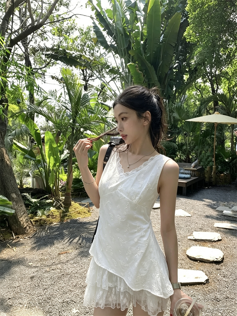실사 한 부서 레이스 조각 살구 색상 V넥 민소매 조끼 여성 드레스 여름 허리 수축 케이크 드레스 짧은 치마